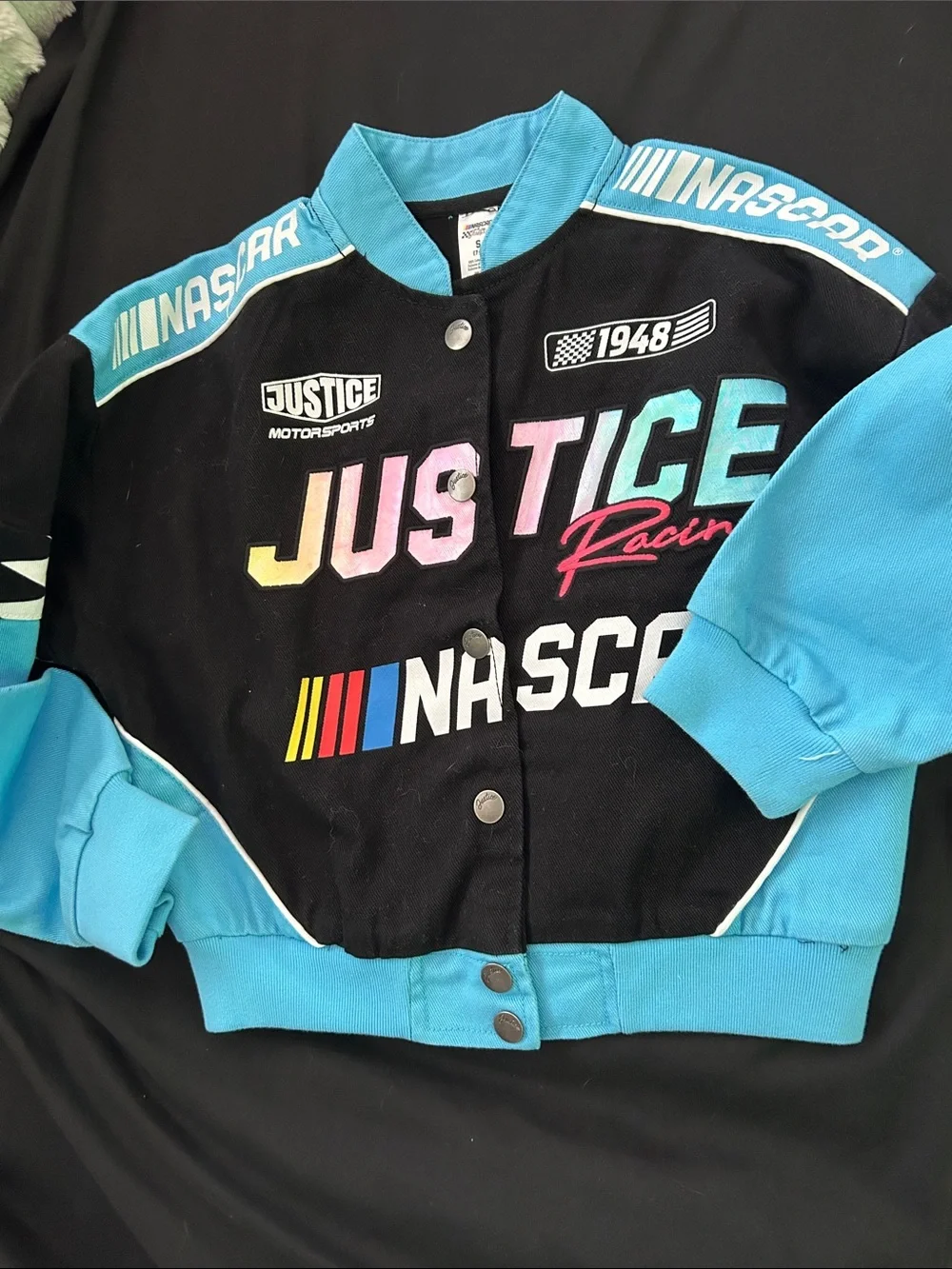 Justice Girls Racing Two-Piece Set Jean jacket and wide leg jeans nascar